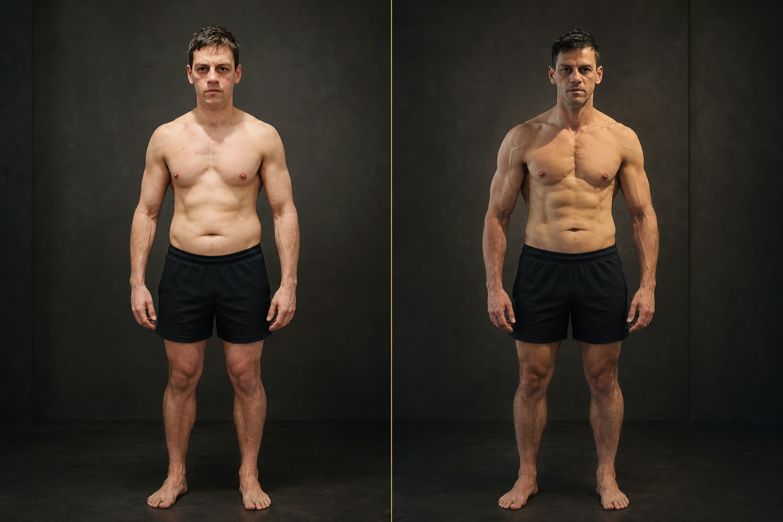 Steve, a Minimalist Strength client, shown side by side before and after his strength transformation