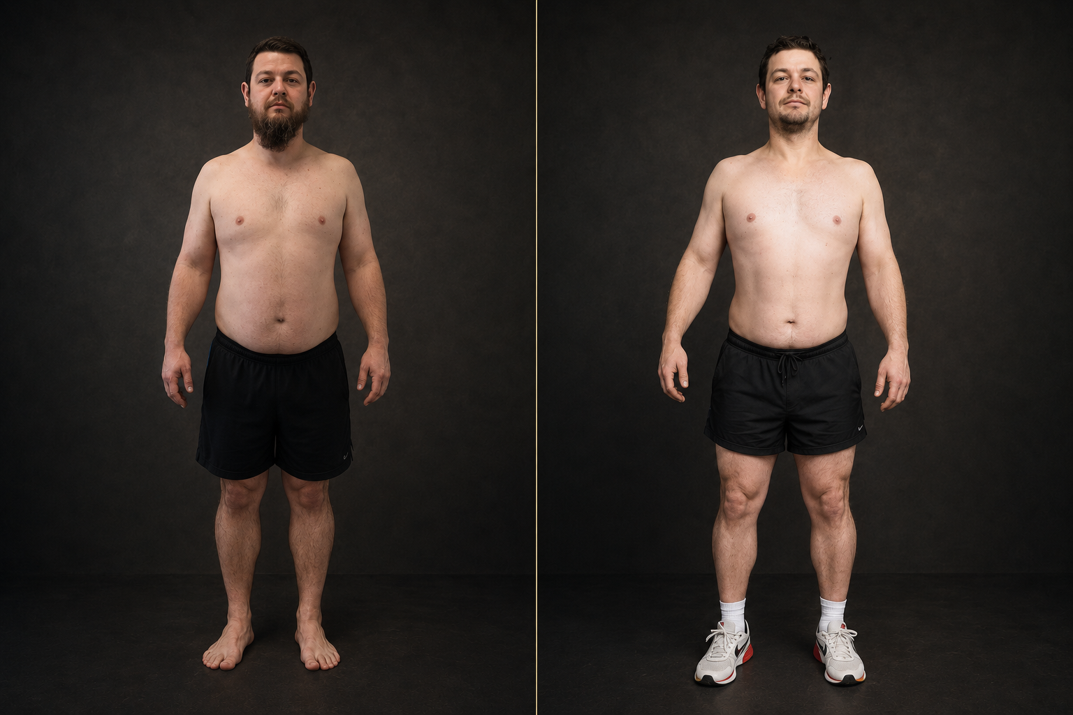 Mark, a Minimalist Strength client, shown side by side before and after building sustainable strength